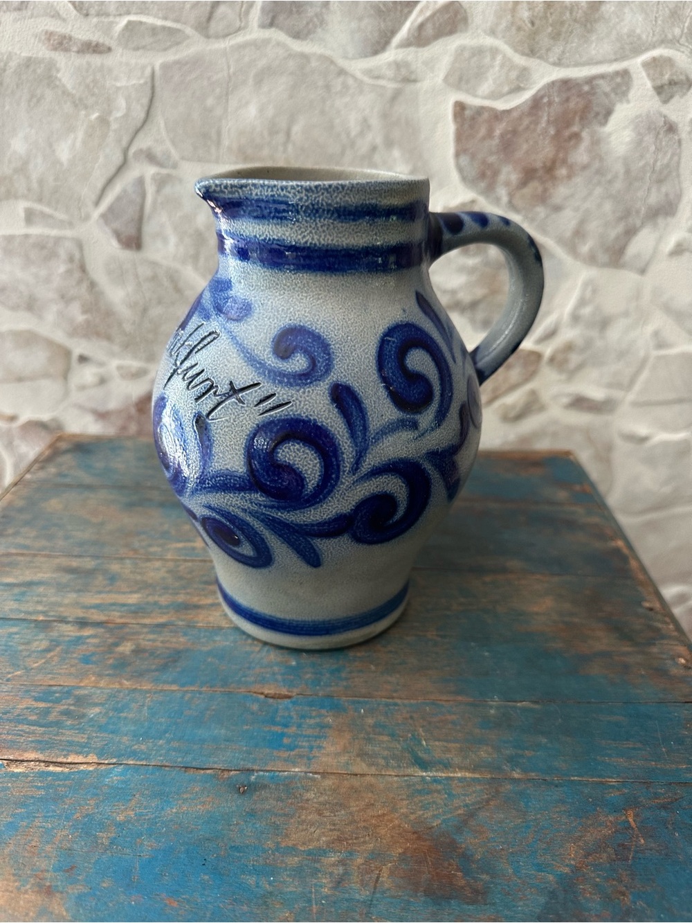 Vintage Blue Salt Glaze Stoneware Pitcher Frankfurt Germany